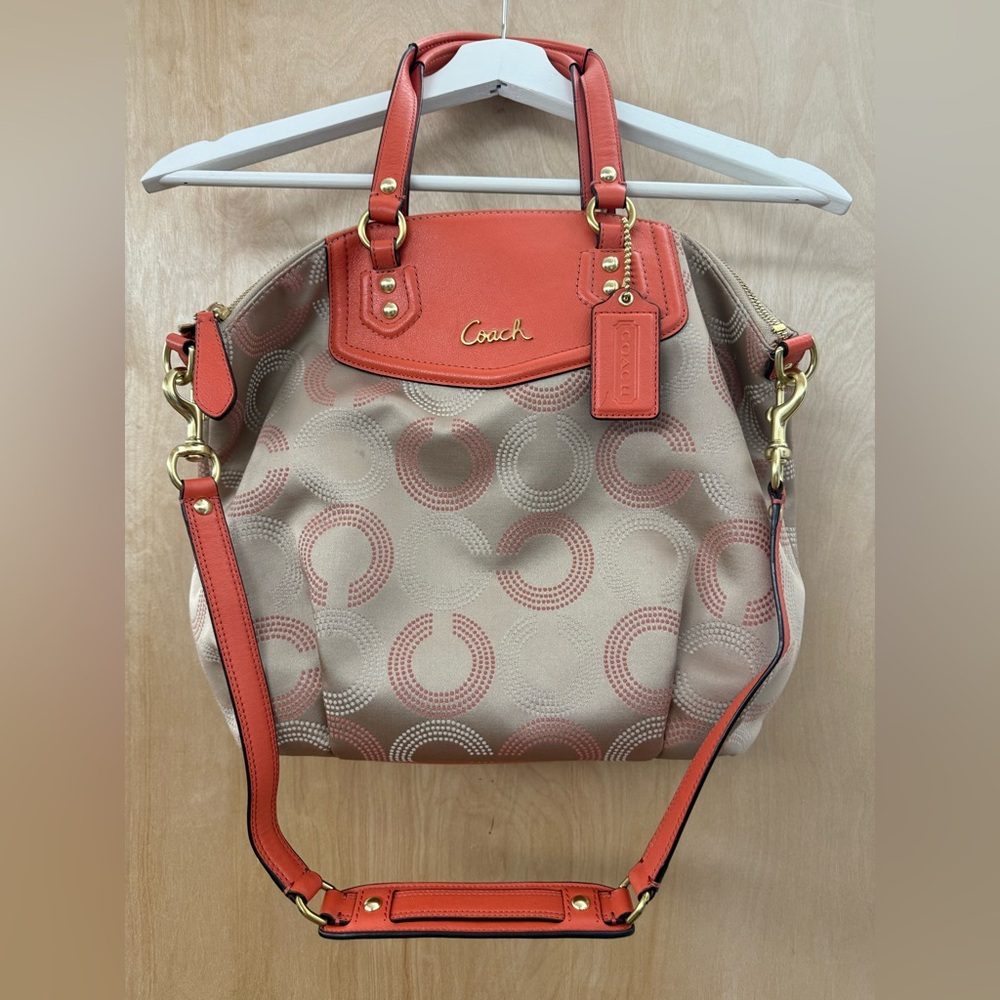 Coach Ashley Peach Khaki Dotted Op Art Signature Satchel. - Picture 12 of 16